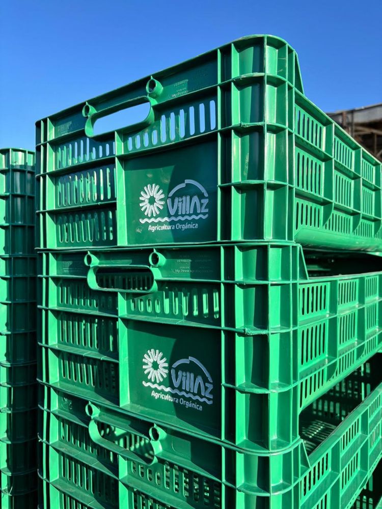 Stacked Villaz harvest crates at the farm