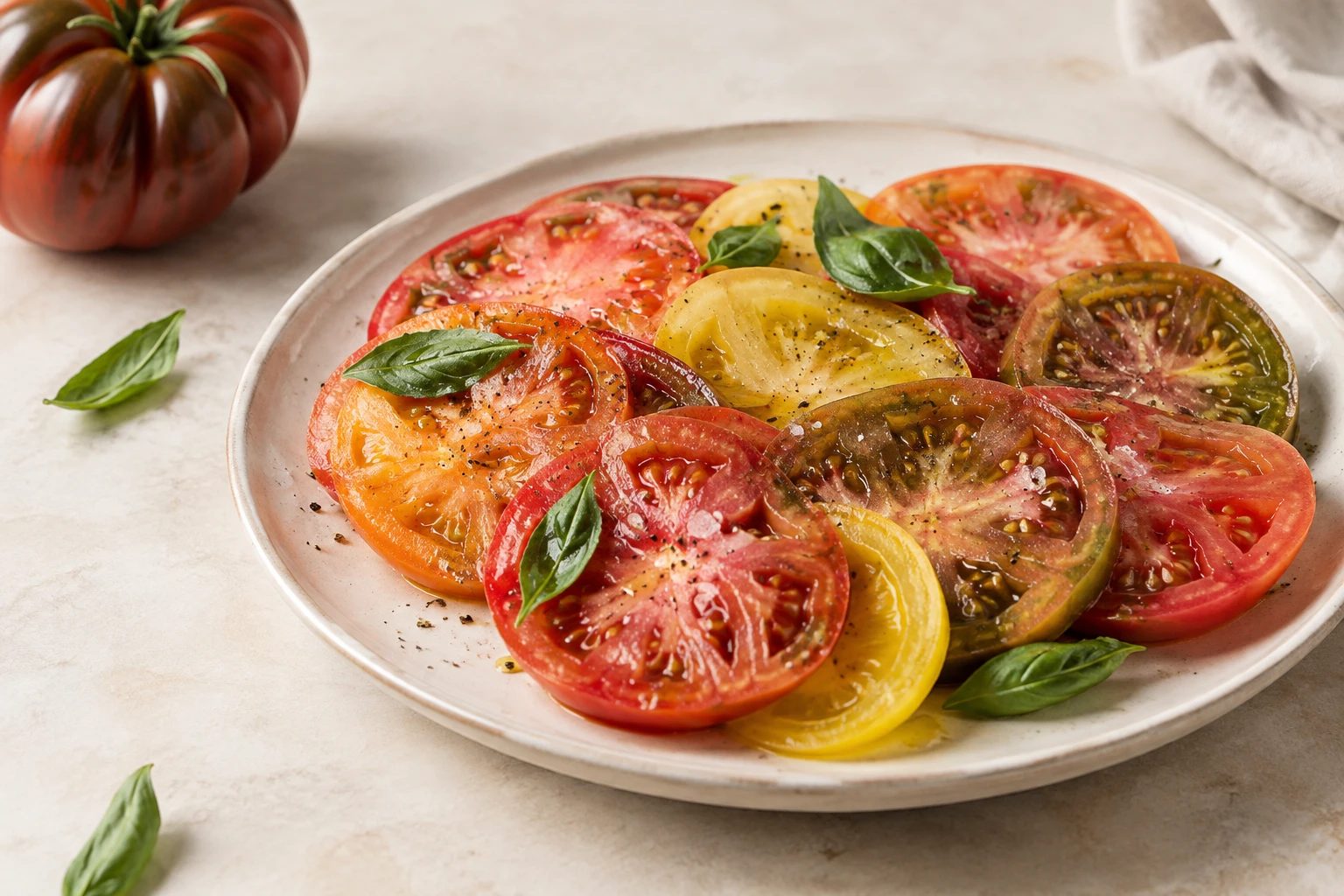 Sliced heirloom tomatoes with basil, olive oil and sea salt